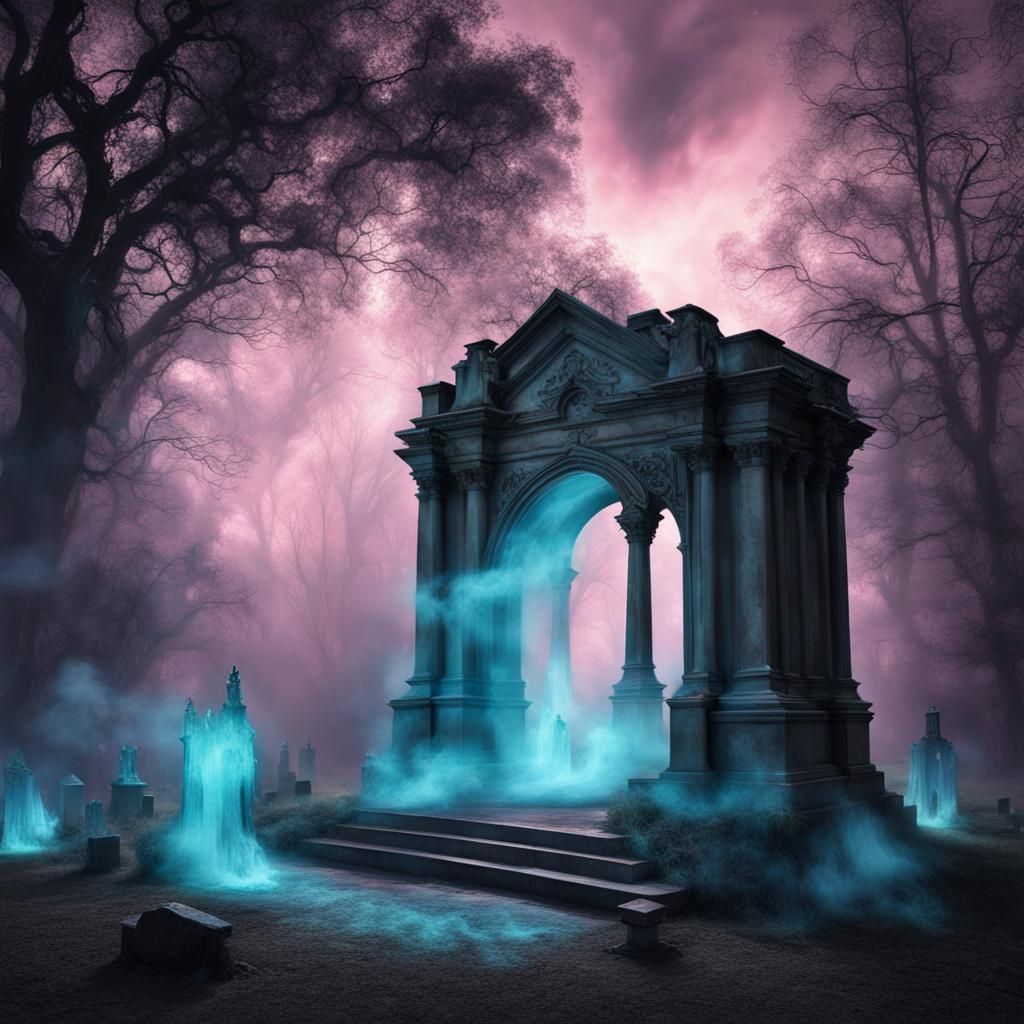 Ethereal Glowing Cemetery with Ghostly Portal