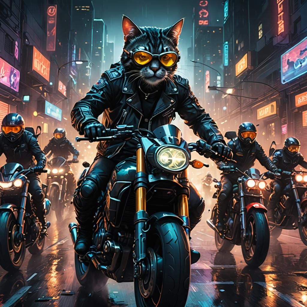 Cat Leads Motorcycle Race in Dark Fantasy Cityscape