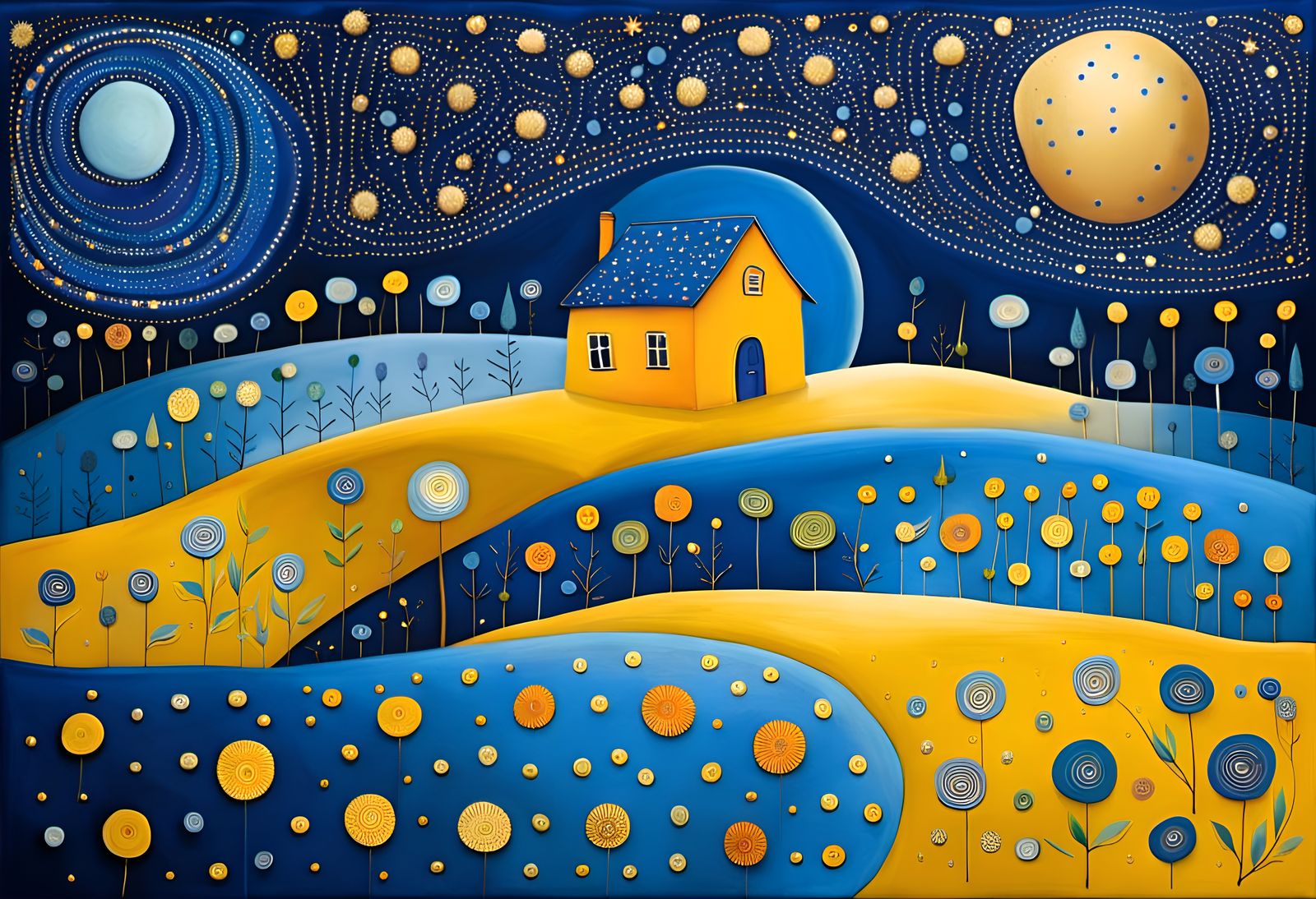 Stardust Moon House in Blue Art Brut Style