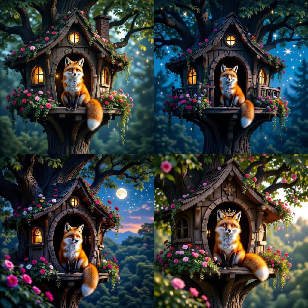 Anthropomorphic Fox in Flowery Wood Treehouse Under Stars