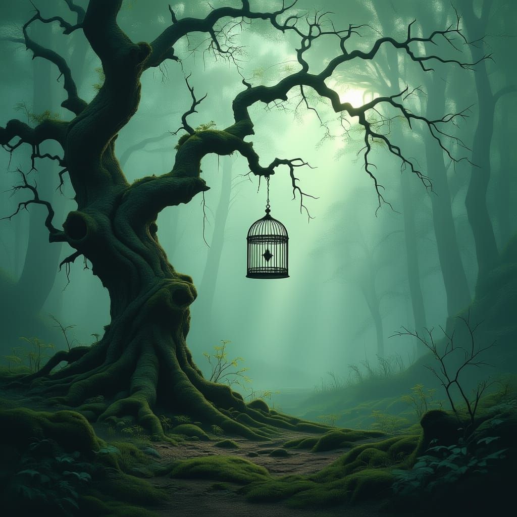 Ancient Tree With Birdcage In Misty Forest Clearing