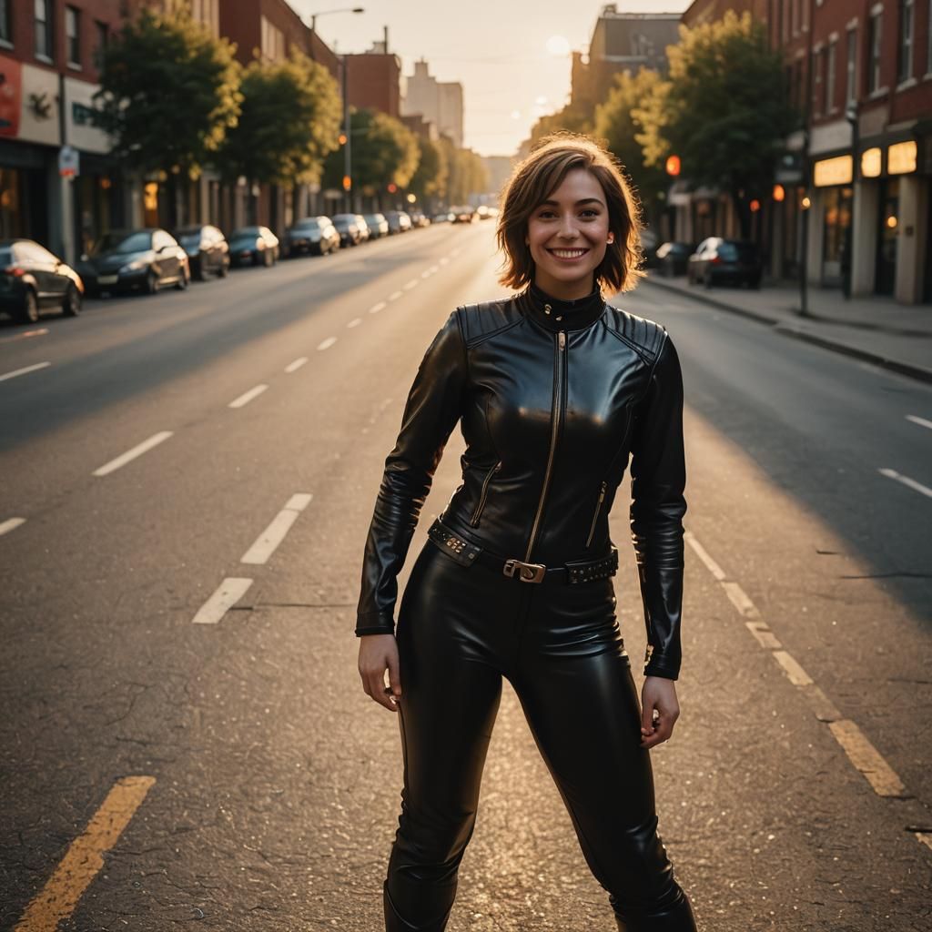 Woman in Leather Suit: Cinematic Film Still