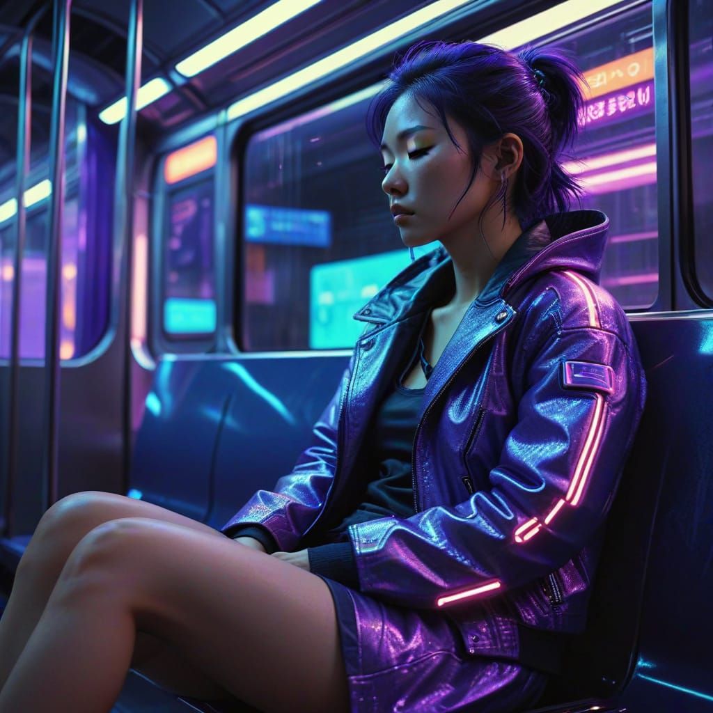 Korean Woman Sleeping on Subway in Cyberpunk Style
