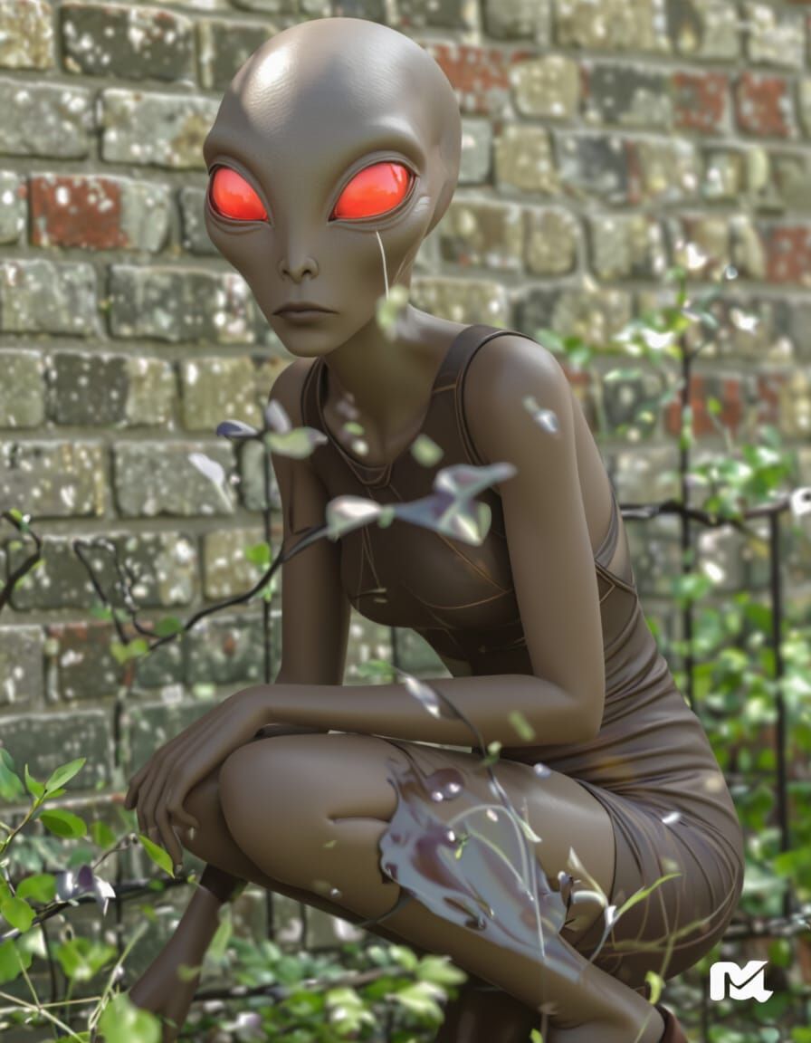 Intelligent Alien Gray Kneels by Brick Fence with Red Eyes