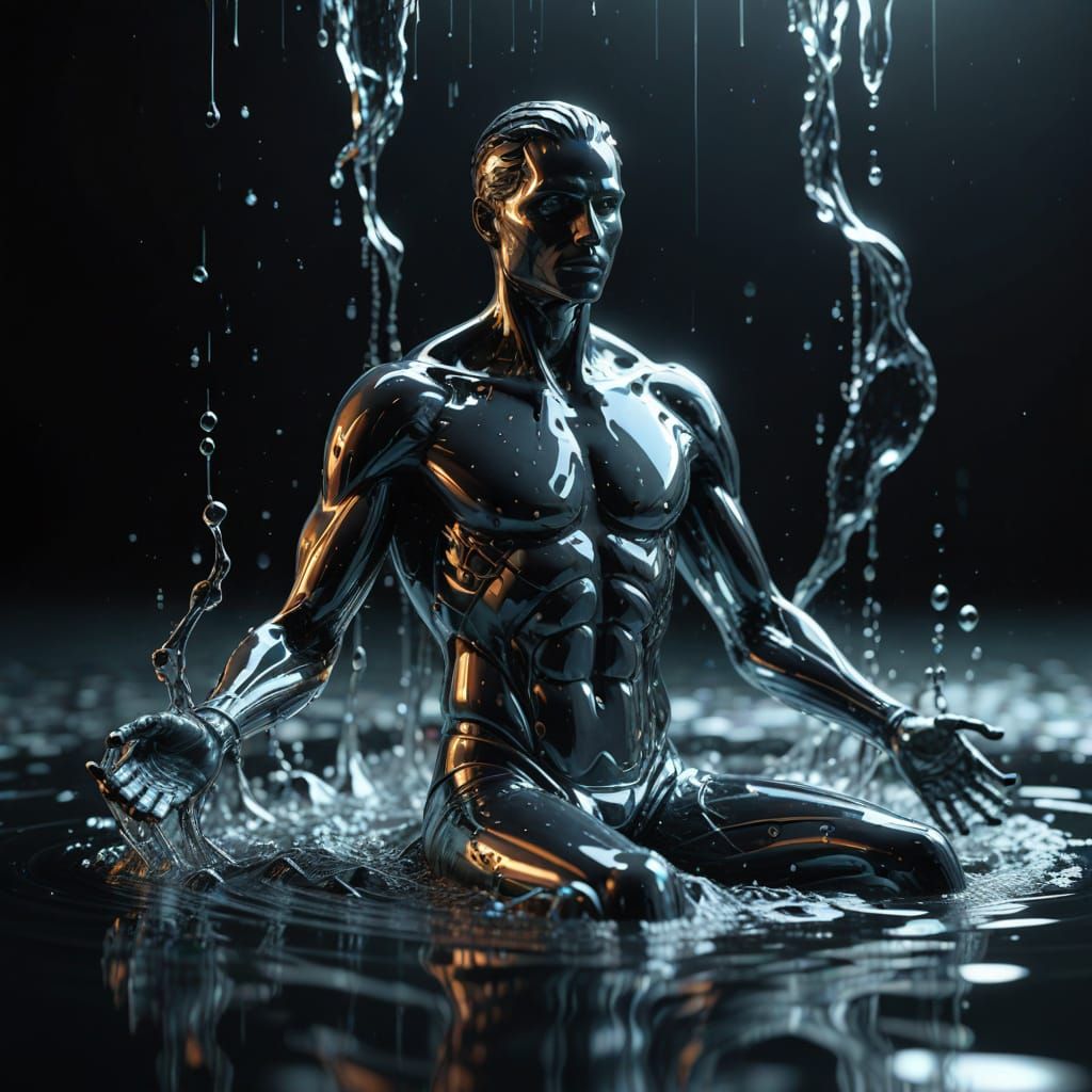 Mercury Figure Holds Crystal City Over Shimmering Ocean