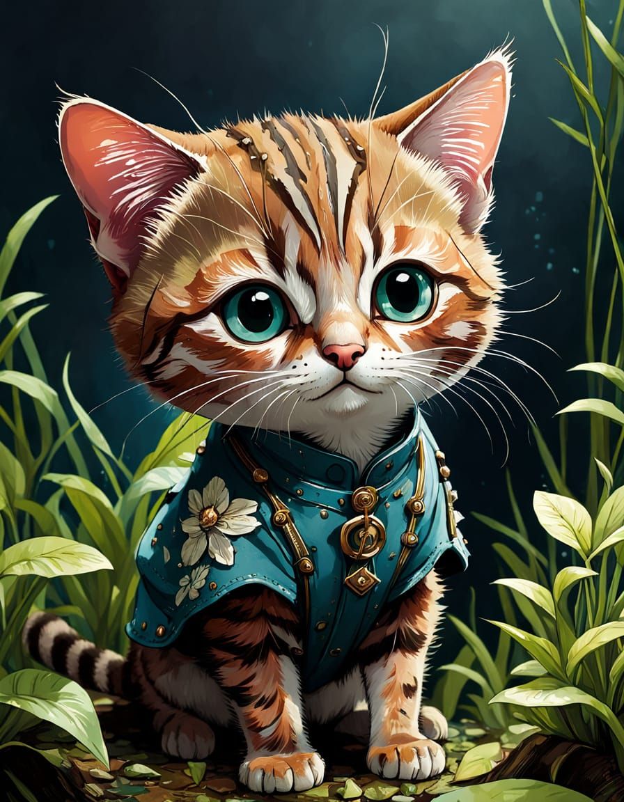Cute Rusty-Spotted Cat in Vibrant Floral Spring Attire