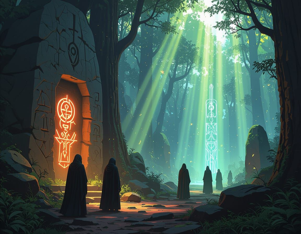 Mystical Forest with Ancient Symbols and Light Beams