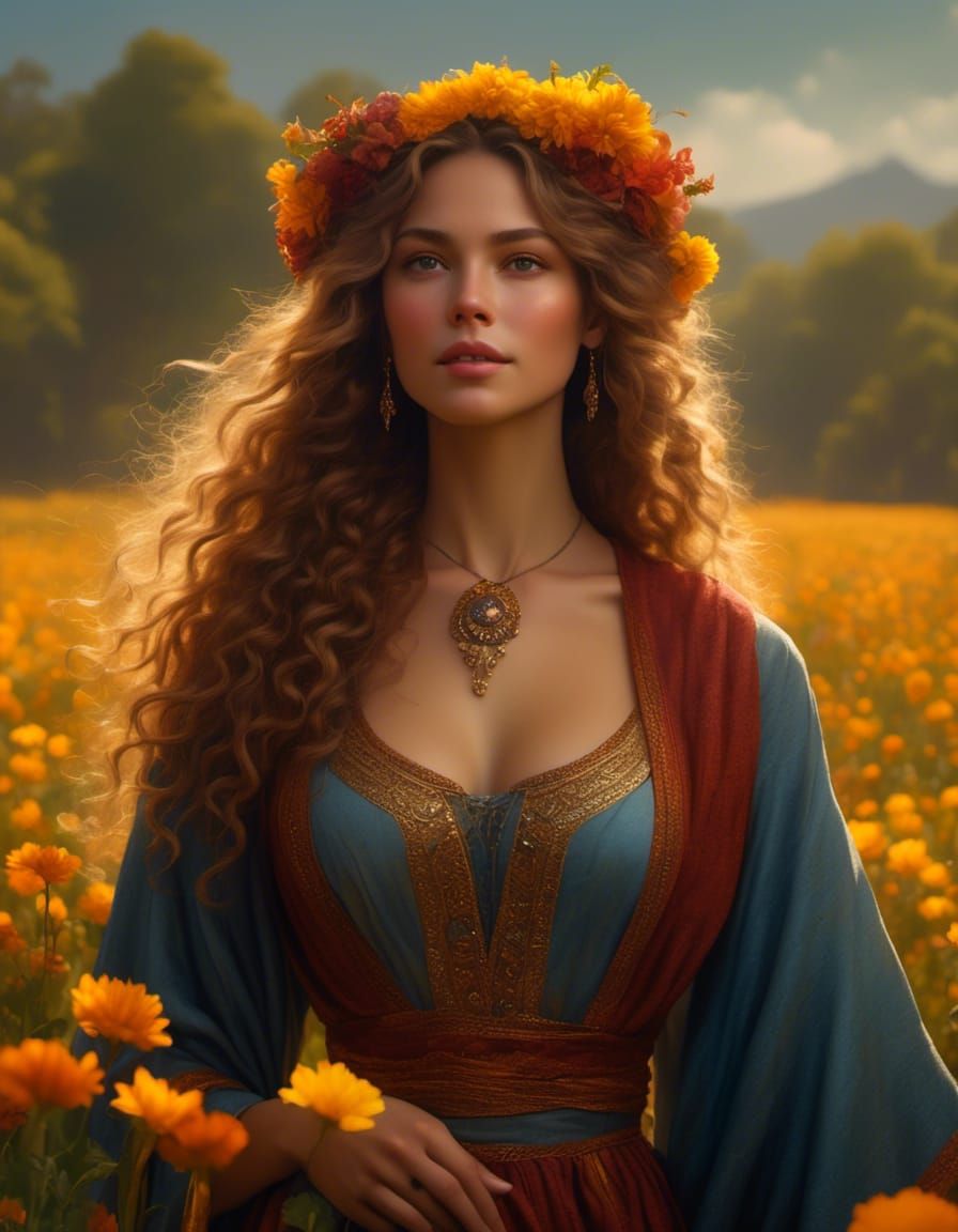 Smiling Hippie Girl in Flower Field, Detailed Digital Art