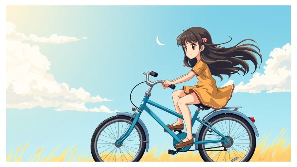 Anime Girl on Bike in Ghibli Style