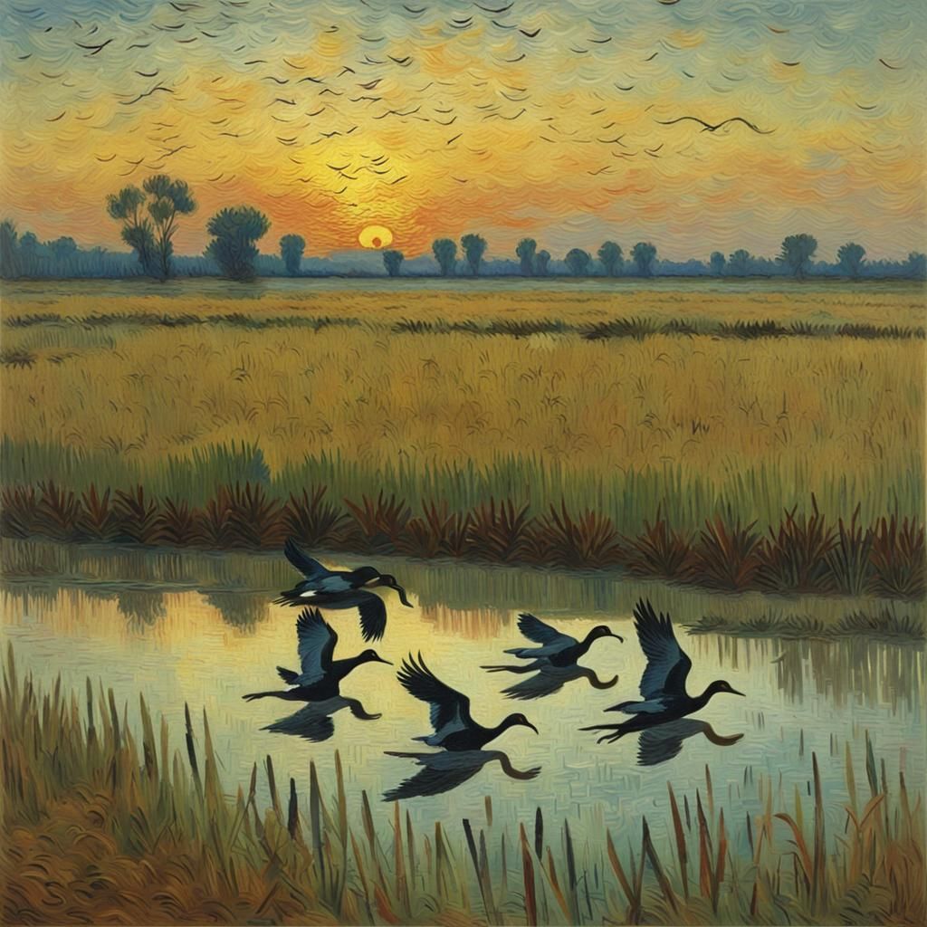 Waterfowl Dawn Landing: Van Gogh-Style Rice Field