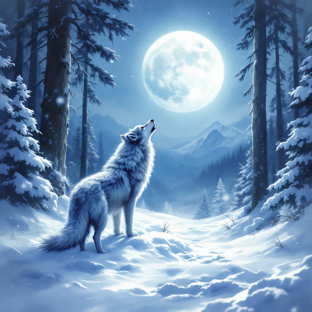 Lone Wolf Howls at Luminous Moon in Snowy Forest
