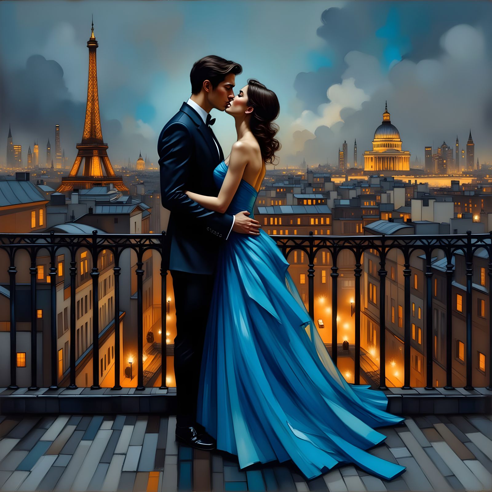 the man and the woman kiss and watch the city lights from the terrace