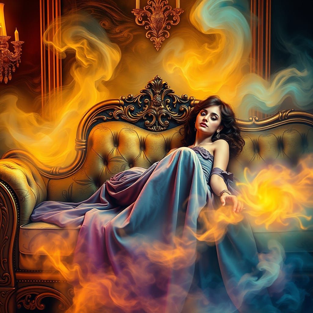 Ethereal Woman in Velvet Gown Amidst Whimsical, Swirling Mis...