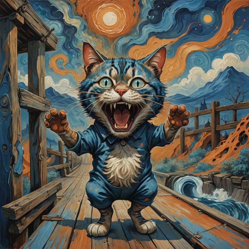 Anthropomorphic Cat's Silent Scream in Fractal Void