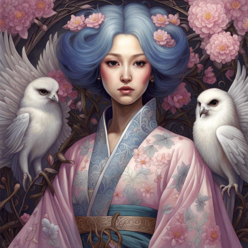 Pink Blossom Barn Owl in Detailed Fantasy Style