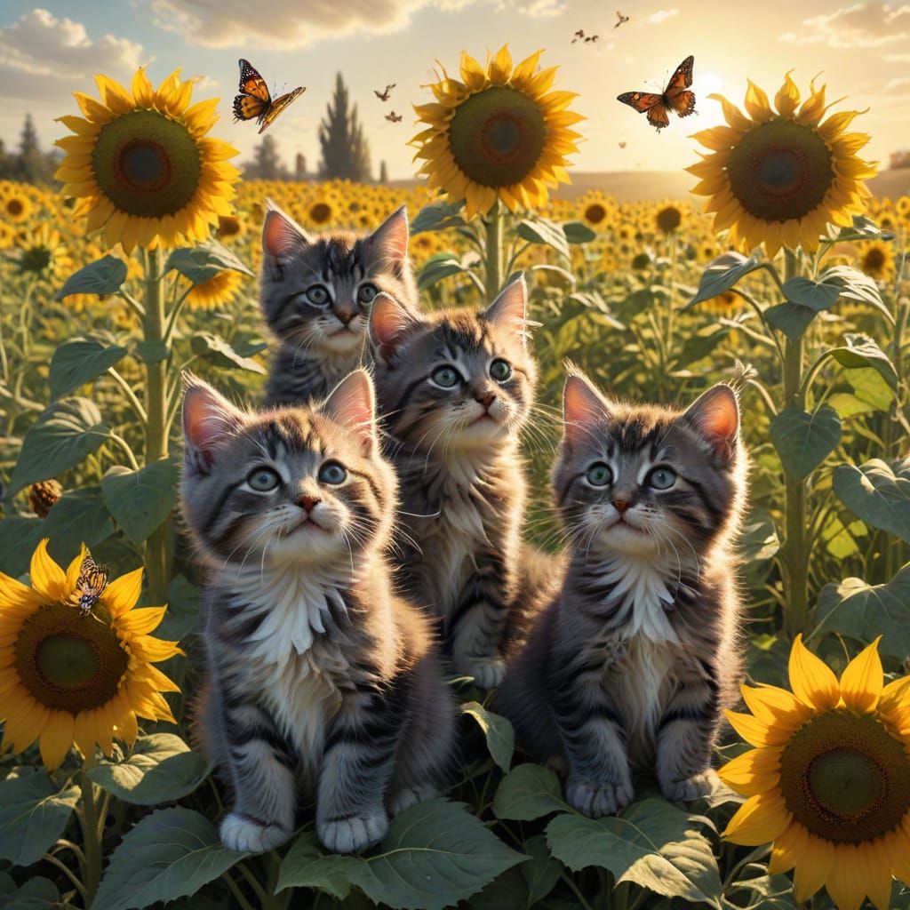 Kittens Play Among Sunflowers: Hyperdetailed Charcoal Drawin...