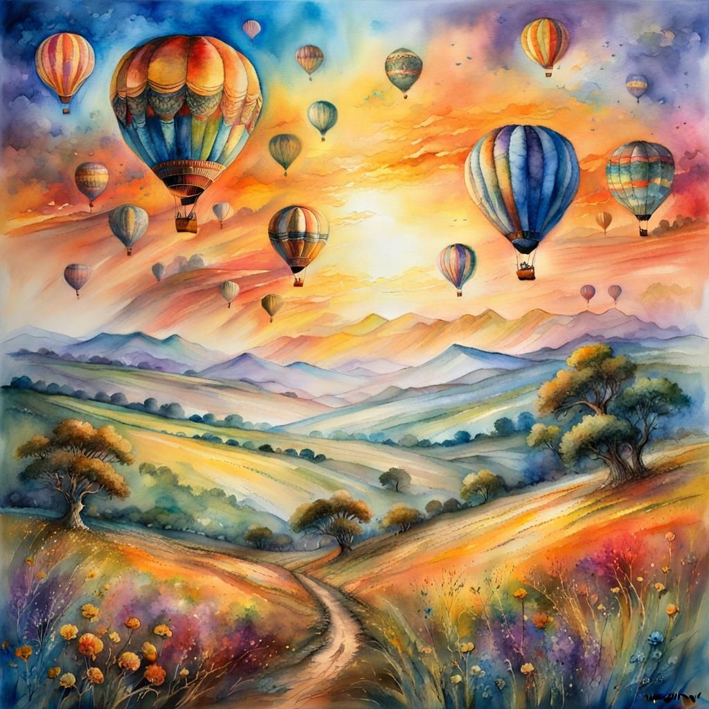 Summer landscape with Hot air ballons and waterfalls..