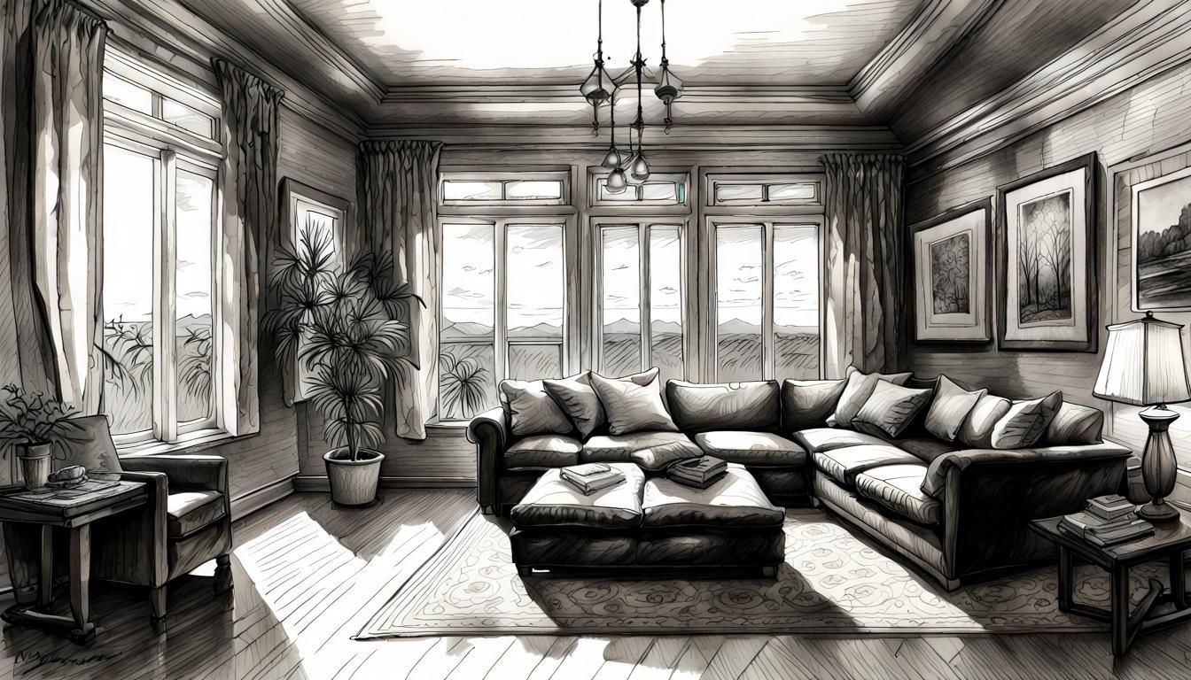 Hyperrealistic Clutch Pencil Drawing of Modern Interior