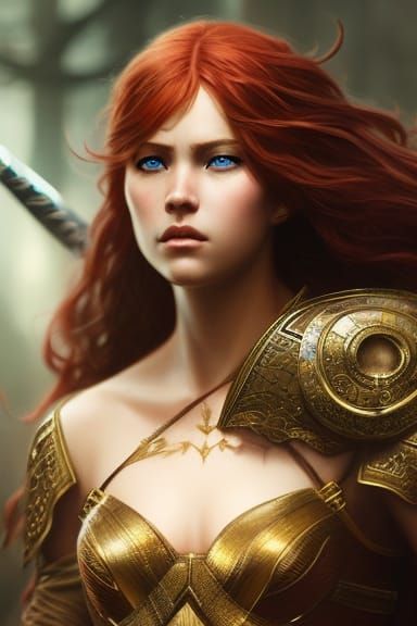 Warrior girl with wavy red hair 74