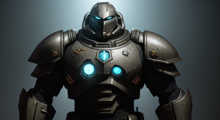 Space Marine in Battle-Worn Armor with Glowing Shield