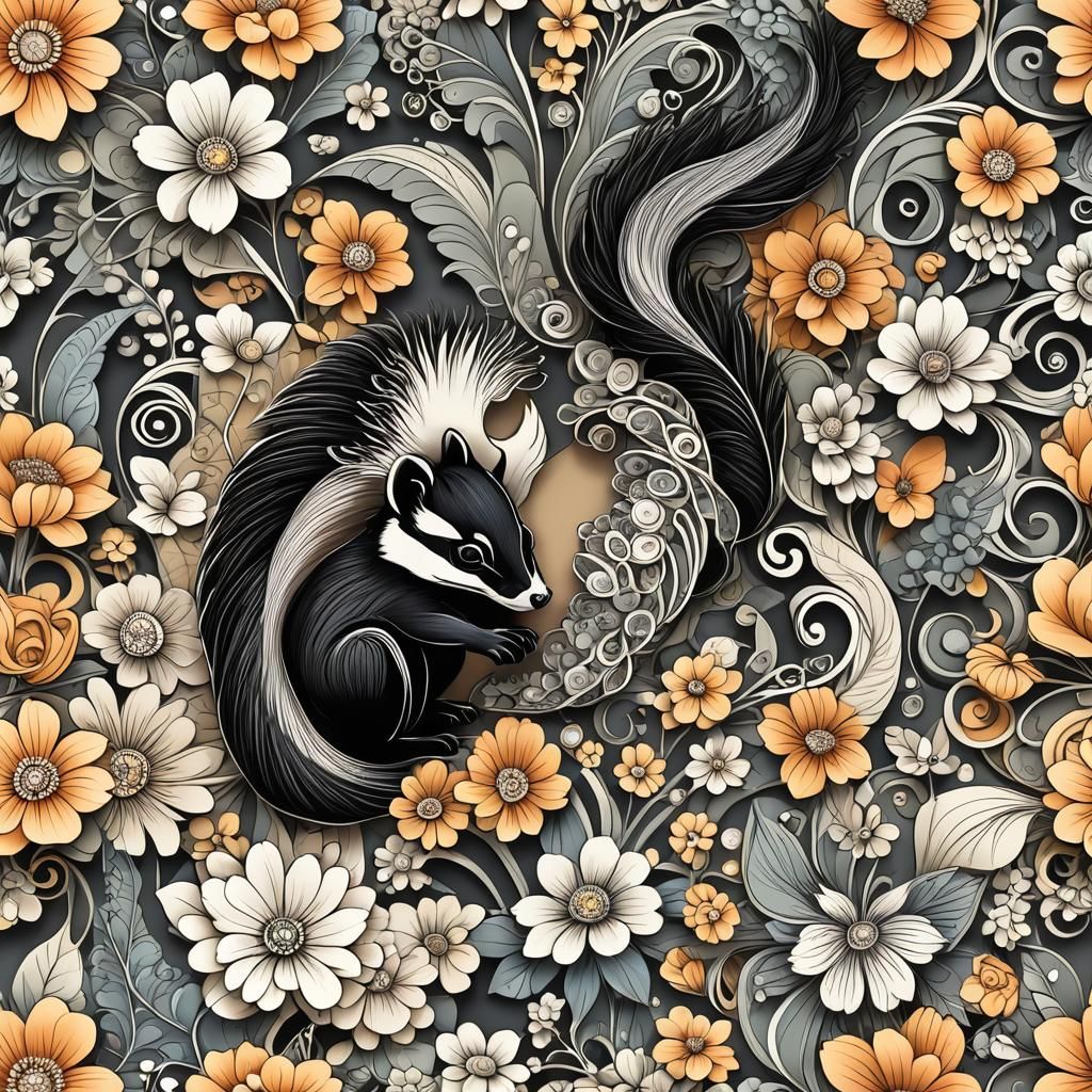 Skunks with Flowers in Abstract Vector Art