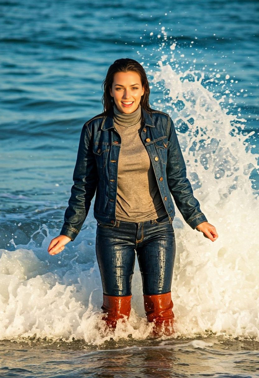 Surprised Brunette Soaked by Ocean Wave