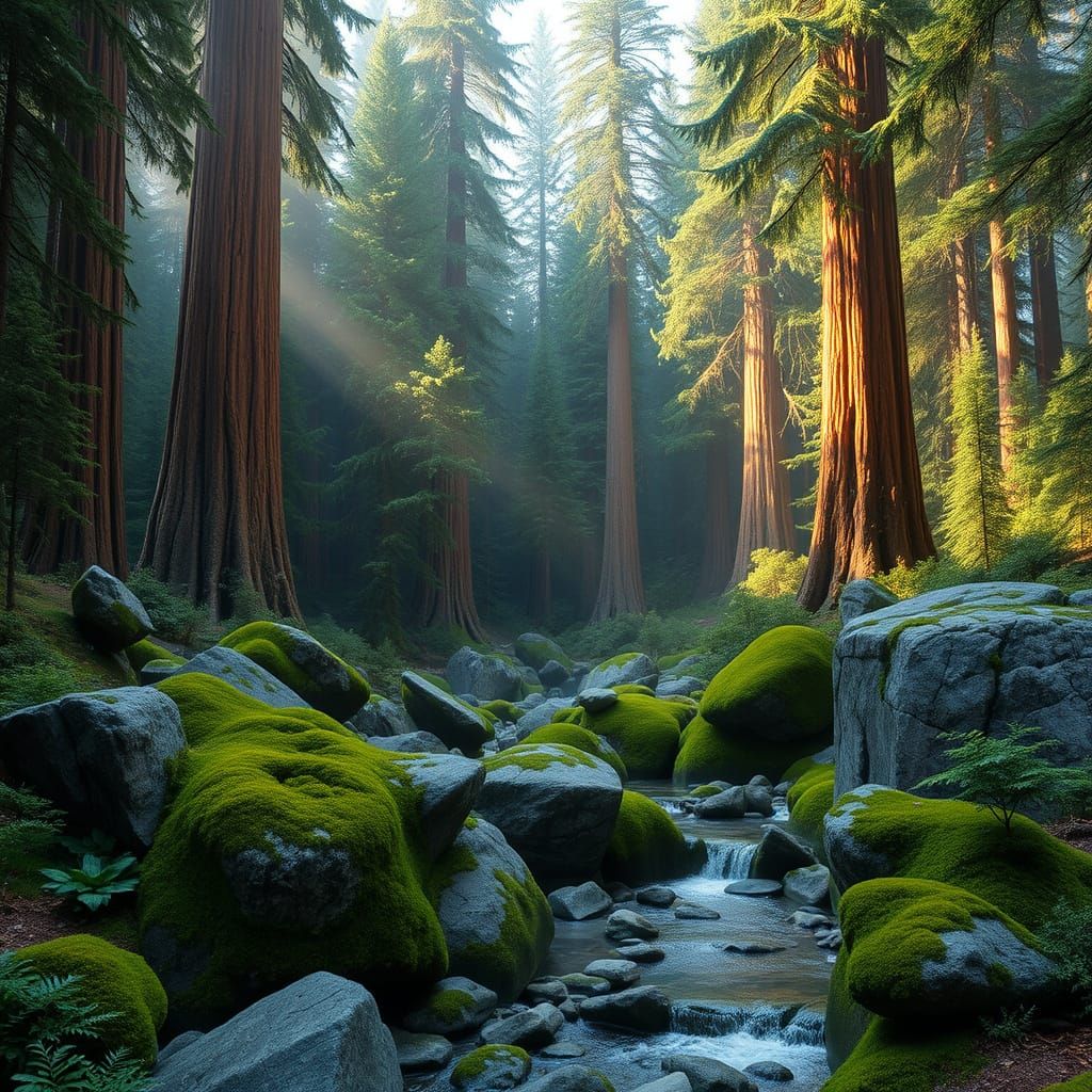 Majestic Redwood Forest in Serene Rainforest Landscape