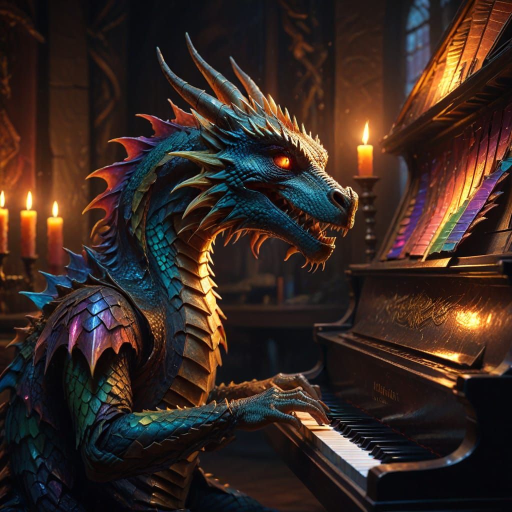 Dragon Plays Piano in Moody, Colorful Oil Painting