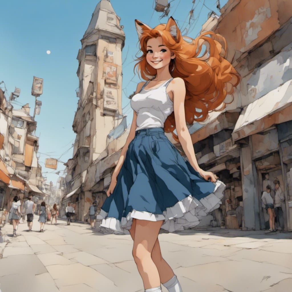 Fox-girl VIXEN, showing off her cute skirt. Smiling gleefull...