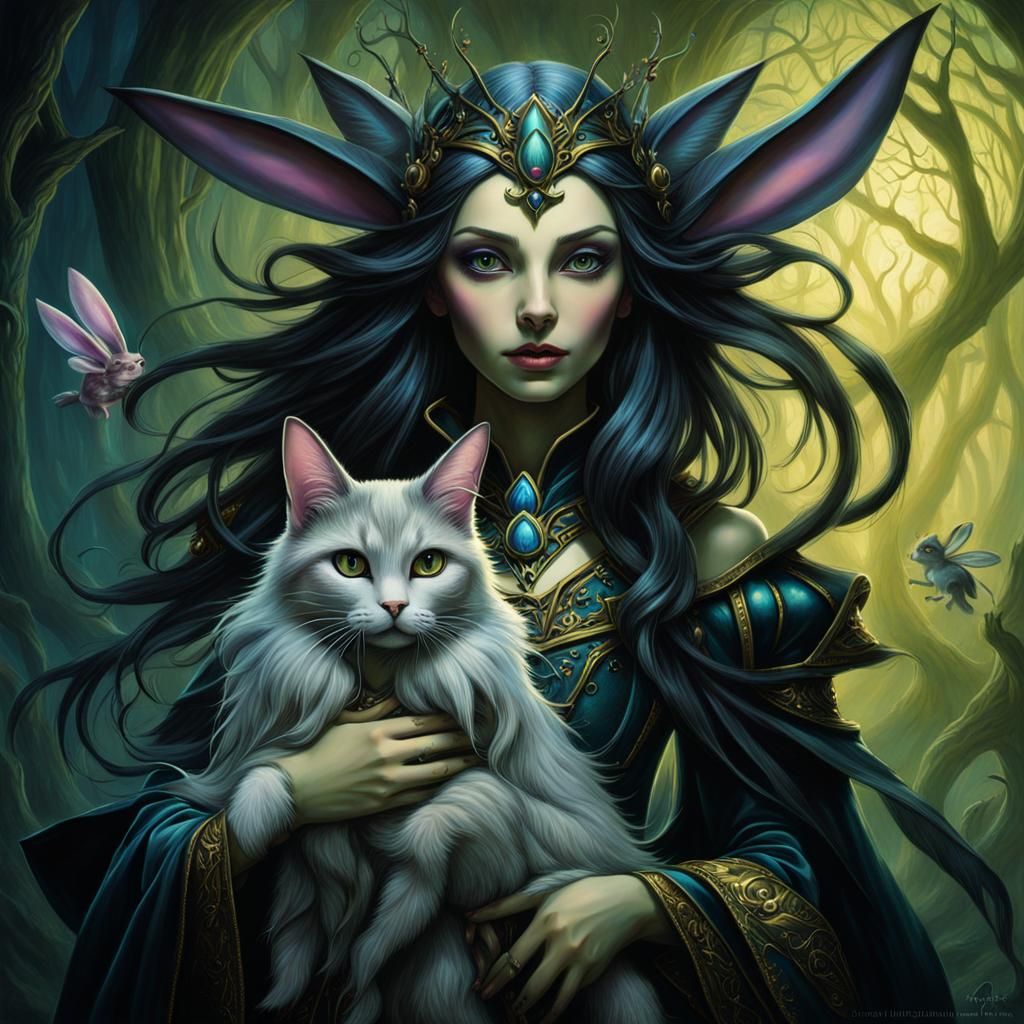 Fey Princess with Cat Creature in Tim Burton Style