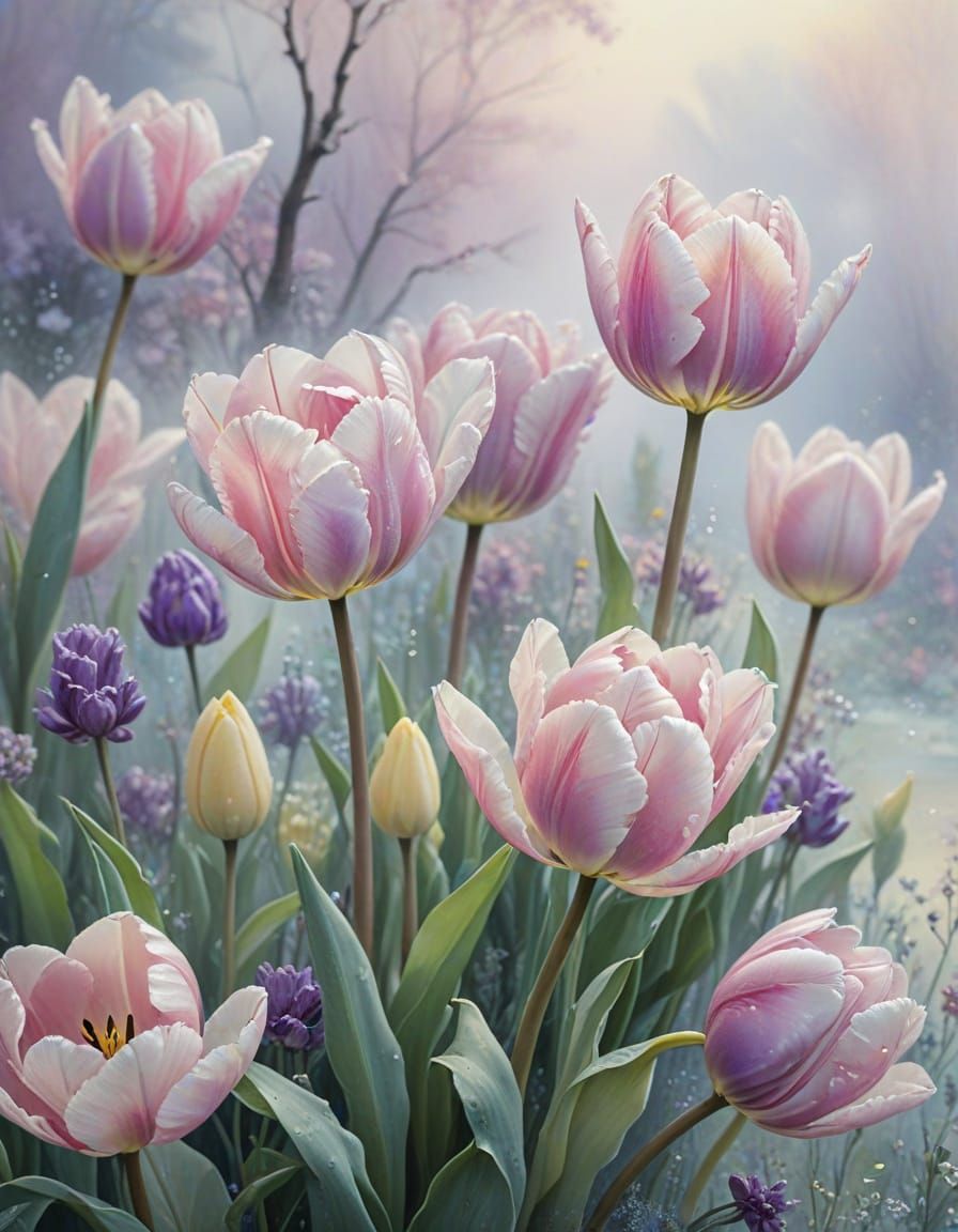 Ethereal Pastel Tulips in Soft Watercolour Style