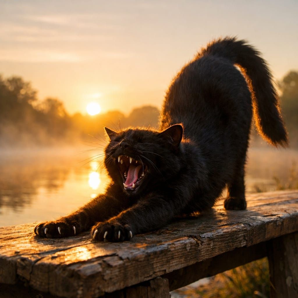 Cat Stretching at Dawn on Riverbank