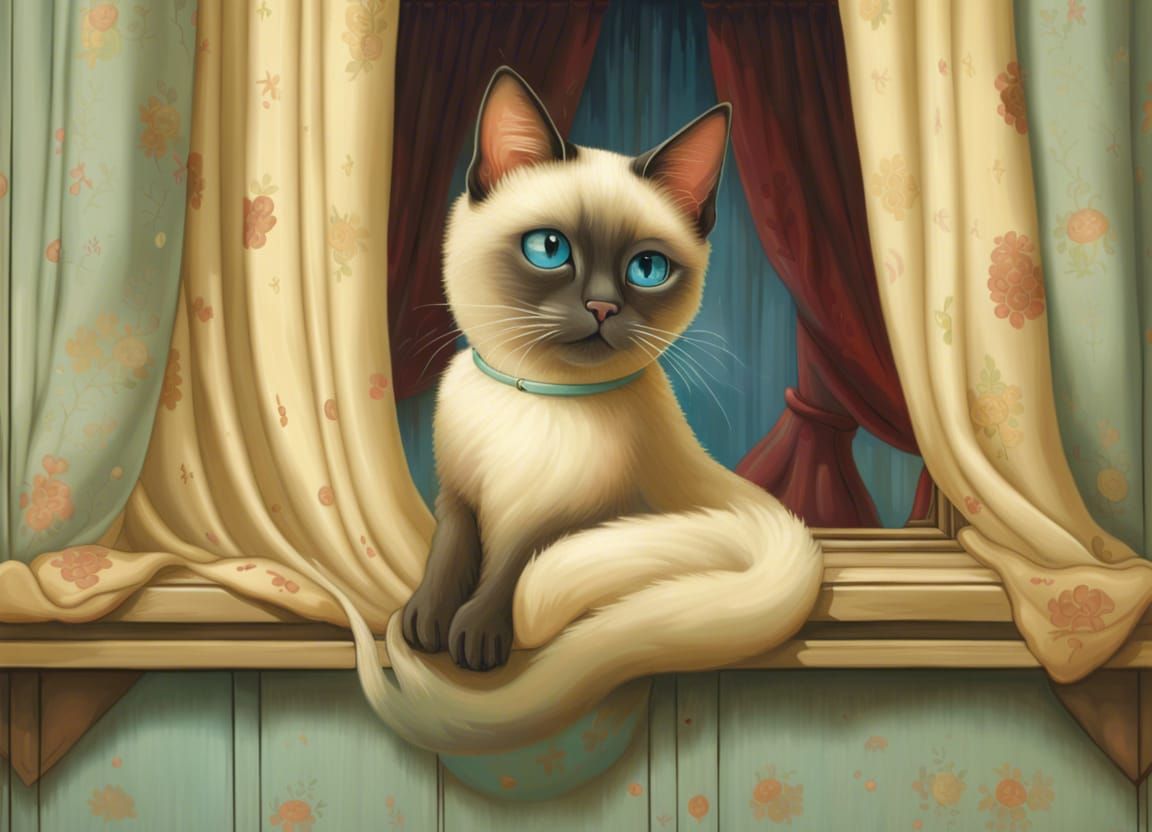 Siamese Cat in Window: Surrealist Digital Art