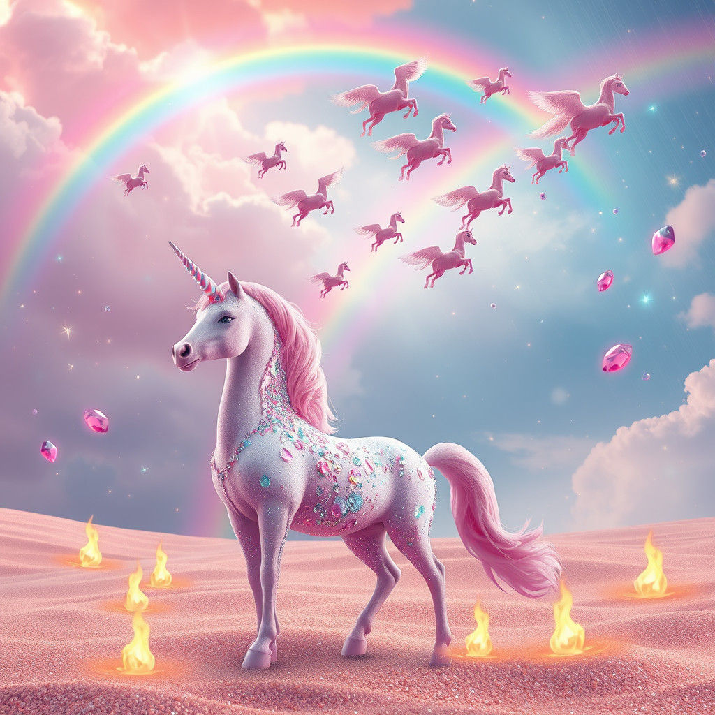 Pink Unicorns and Pegasus in Gem-Filled Sky