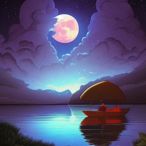 Night Lake Scene in Comic Book Art Style