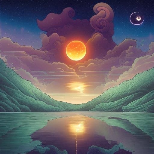 Night Lake Reflection in Comic Book Art Style