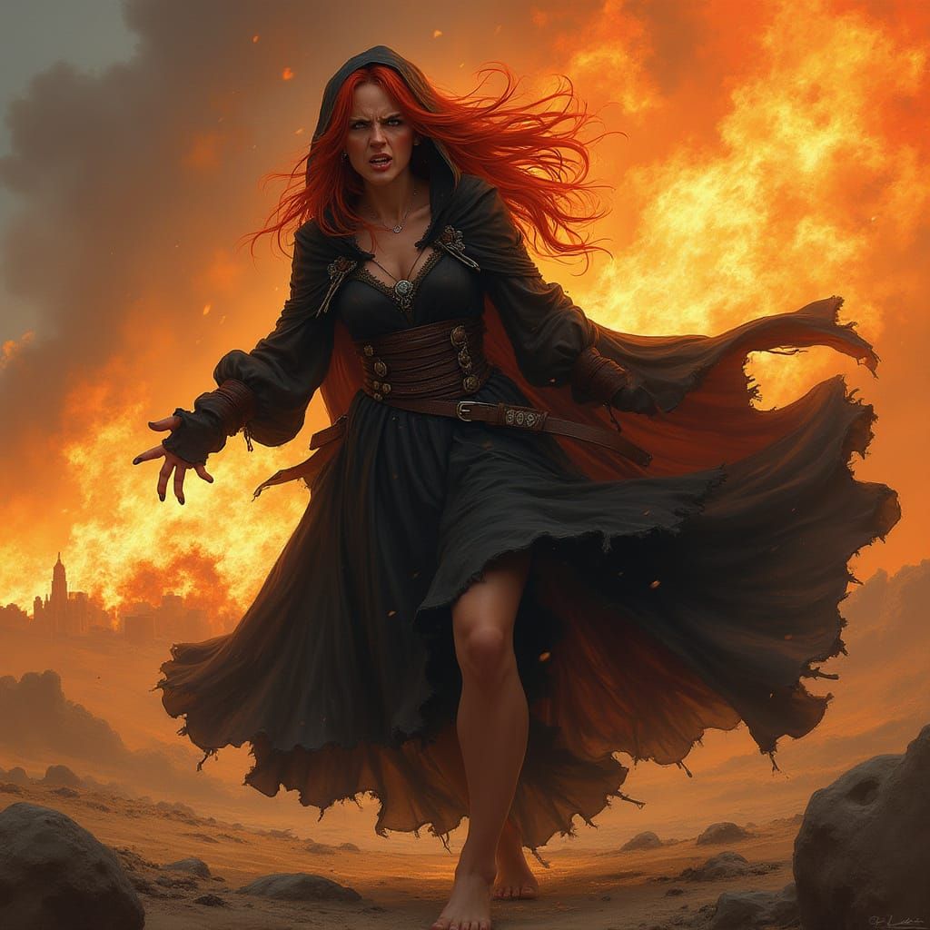 Medieval Woman in Burning Dress Screaming in Fiery Landscape