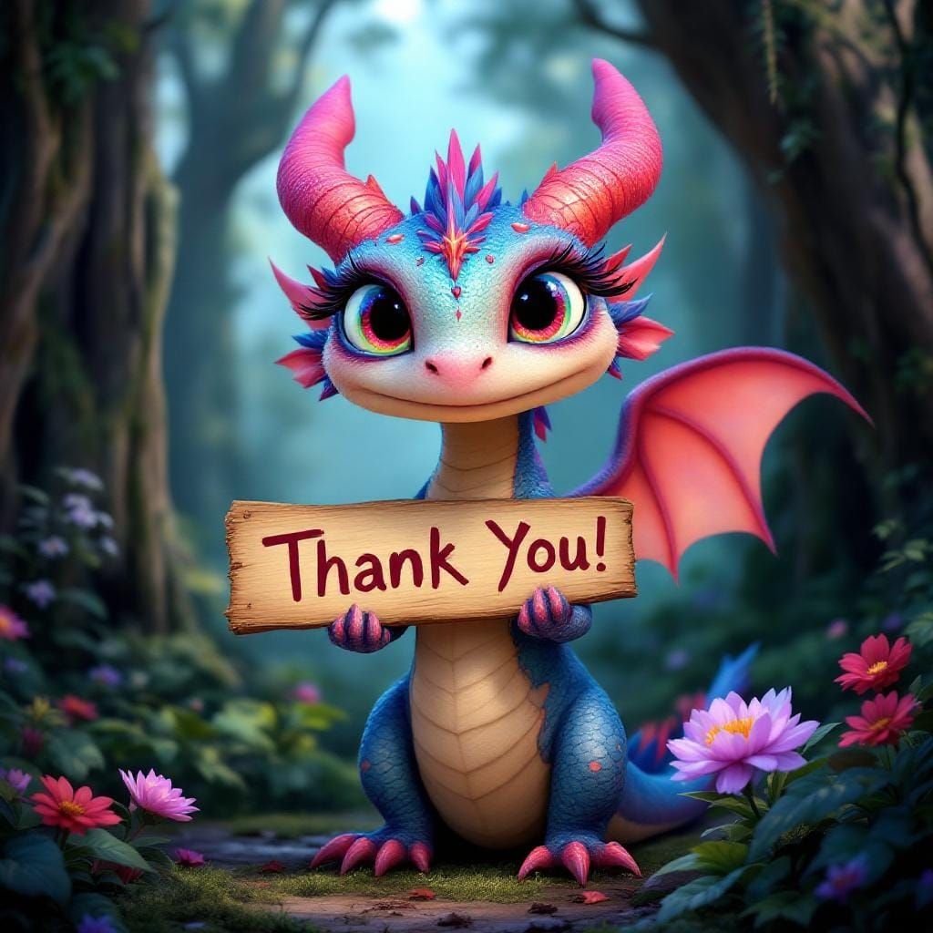 Fairy Forest Dragon with Thank You Sign in Matte Painting