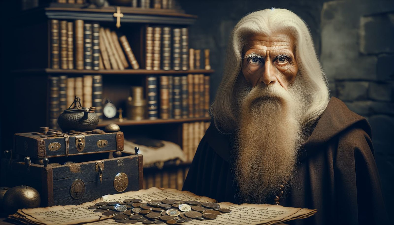 Contemplative Monk with Treasure in Medieval Chamber