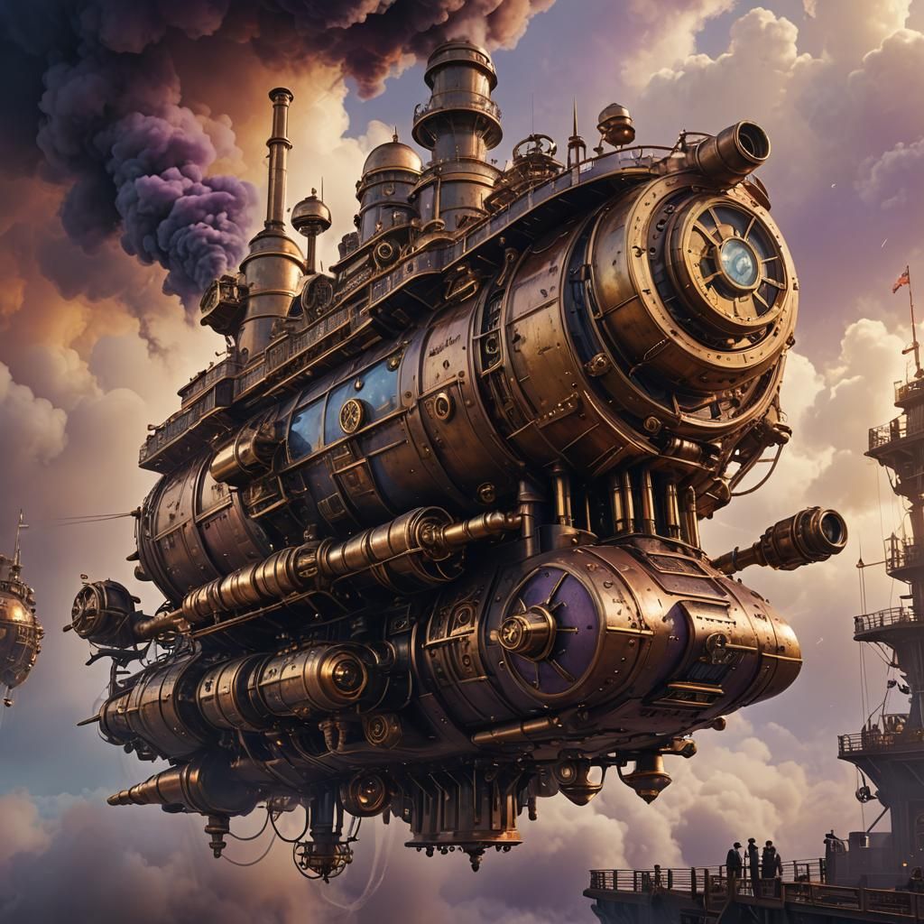 Steampunk Spaceship Soaring Through Misty Cloudscape