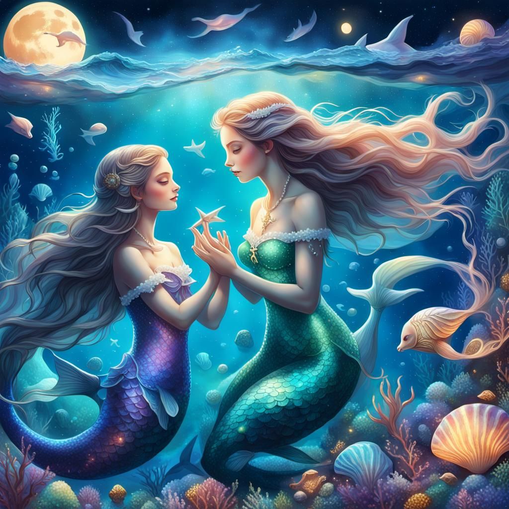 Mermaids Play Under Starry Sky: Fantasy Concept Art