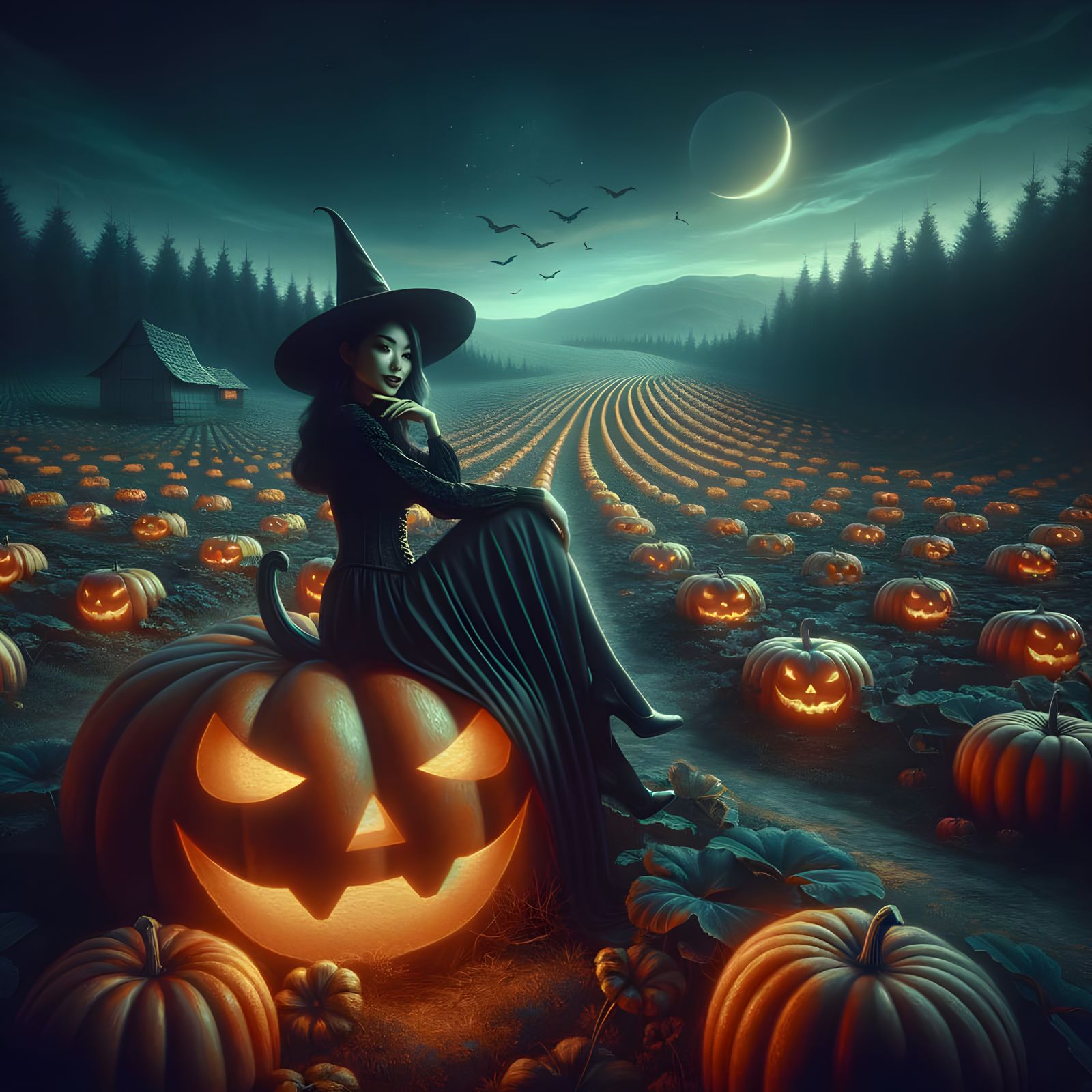 South Asian Witch in Pumpkin Patch Oil Painting