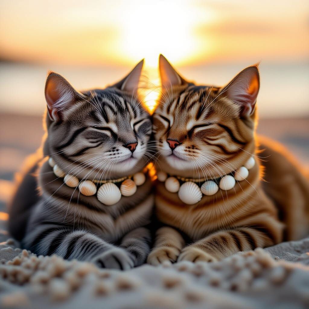 Cats Snuggling on Beach at Sunset
