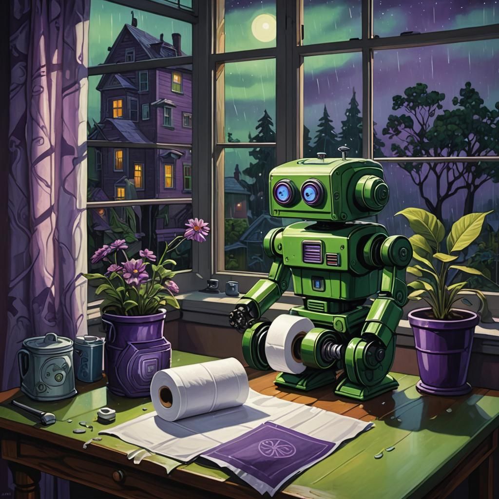 Robot Still Life in Oil Paint Style