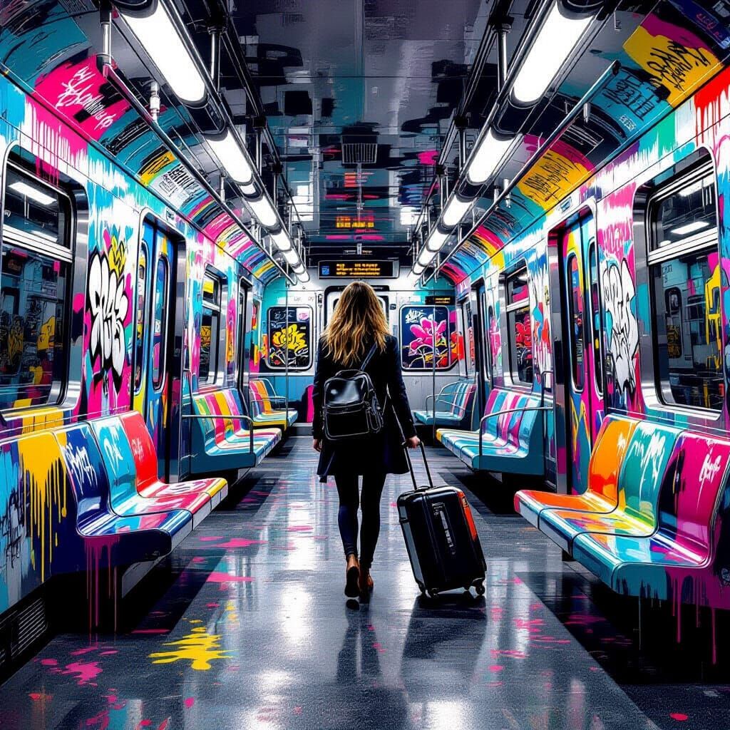 Woman Traveling by Train with Graffiti Art
