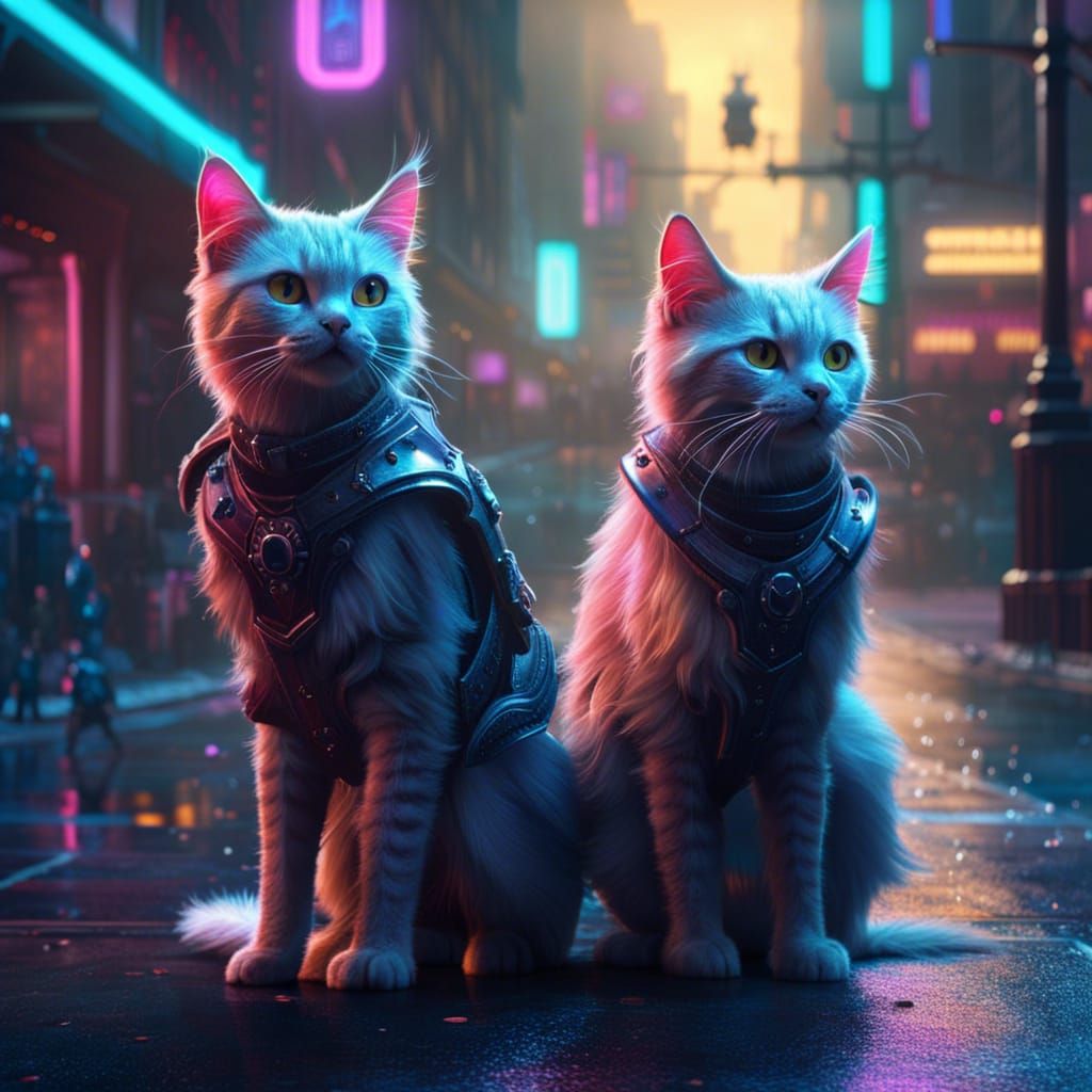 Humanoid Cats in Street: 80s Fantasy Art
