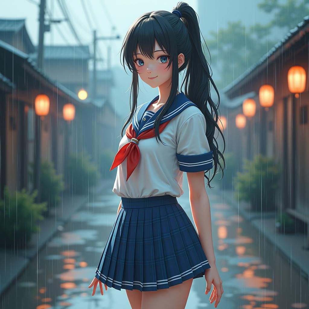 Japanese Woman in School Uniform, Photorealistic Anime Style