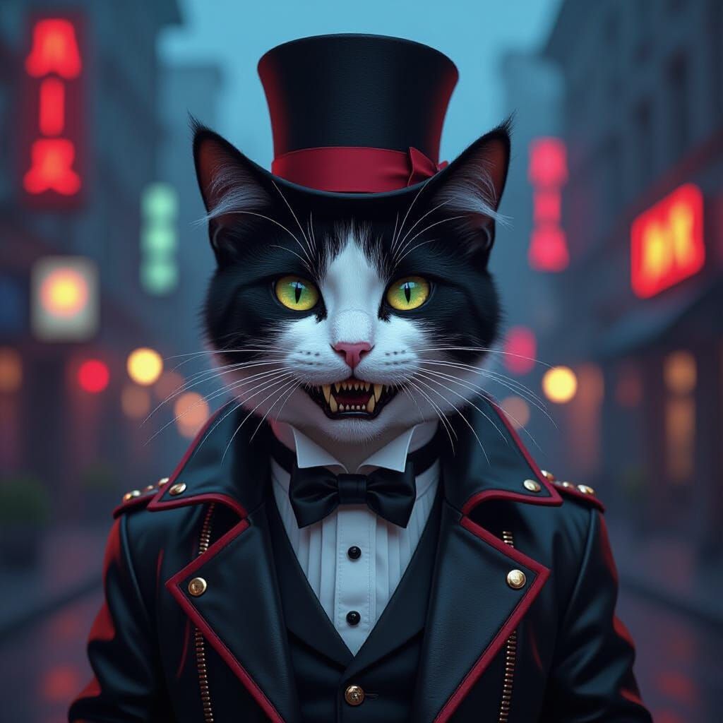 Piebald Cat in Leather Jacket, Hyperrealistic Art