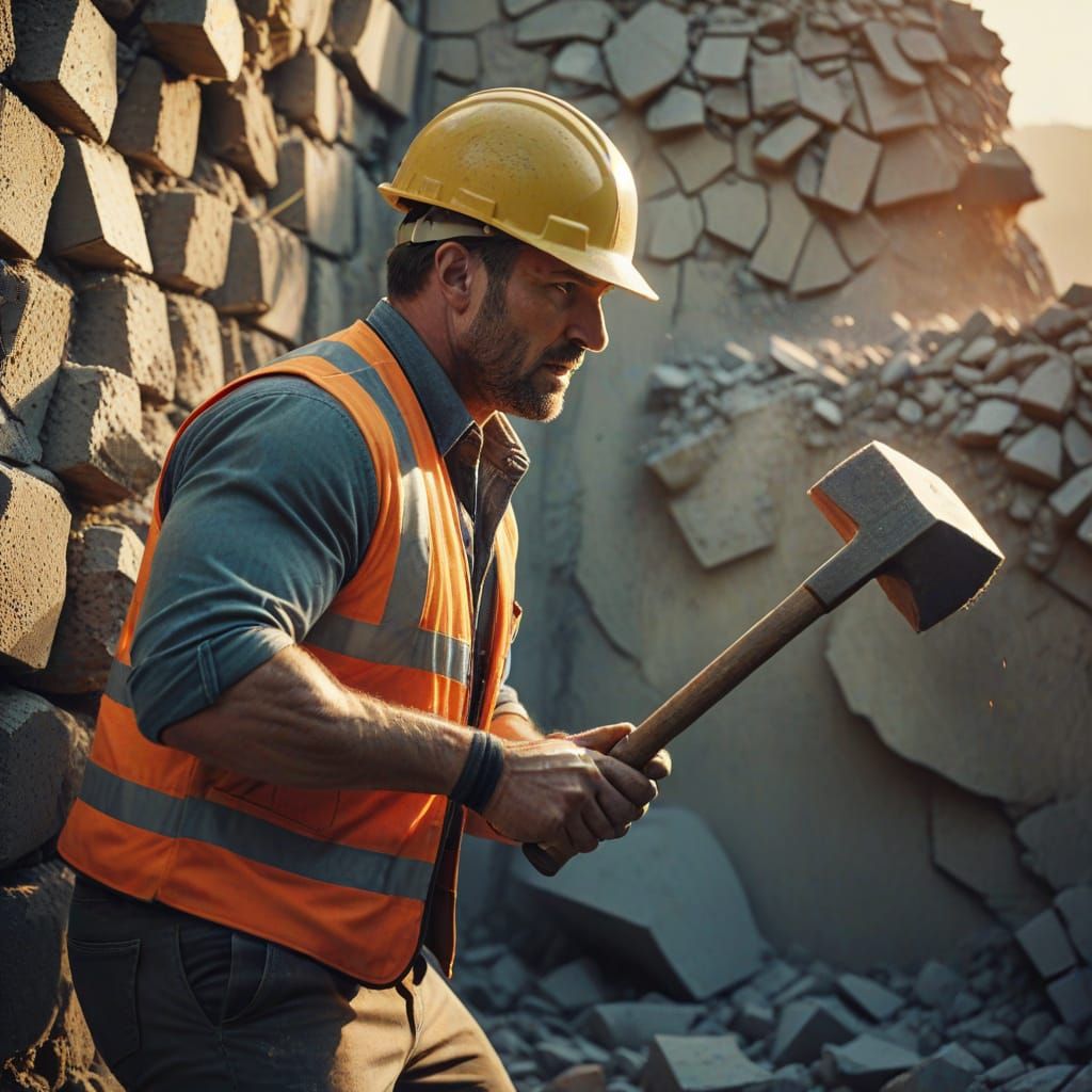 Strong Man Smashes Cement Wall in Cinematic Film Still
