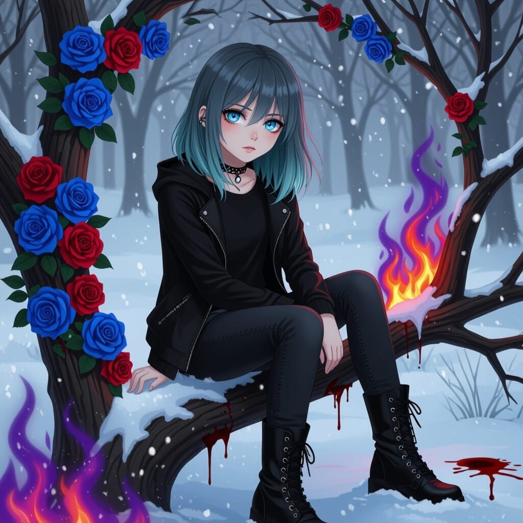 Girl on Branch Amidst Fire and Snow